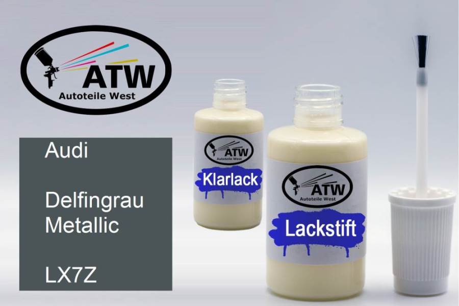 Audi, Delfingrau Metallic, LX7Z: 20ml Lackstift + 20ml Klarlack - Set, von ATW Autoteile West.